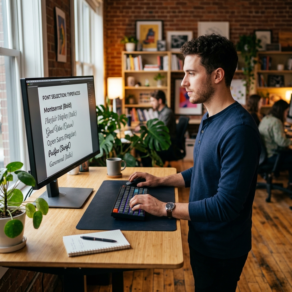 Mann vergleicht verschiedene Schriftarten im Schrift Generator auf dem Desktop-Computer